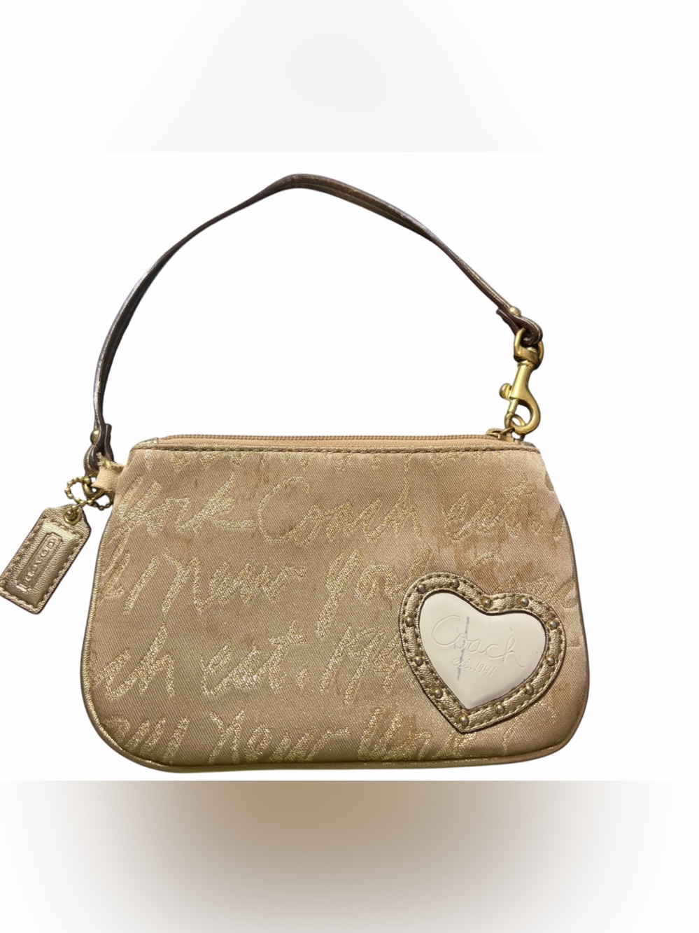 Coach Gold Metallic Signature Heart Wristlet Clutch